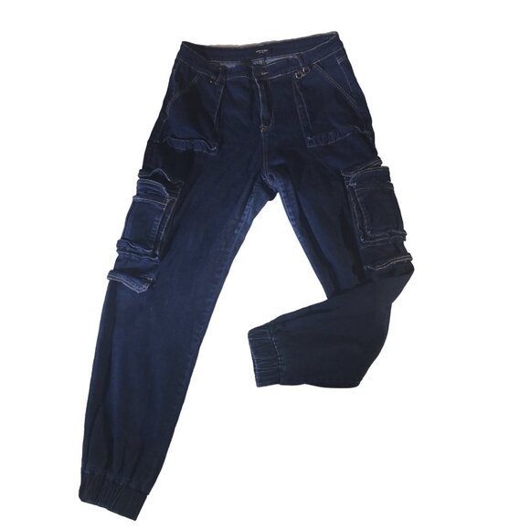 American Bazi Womens Dark Blue Oversized 6 Pocket Cargo Jogger Jeans - Picture 1 of 9